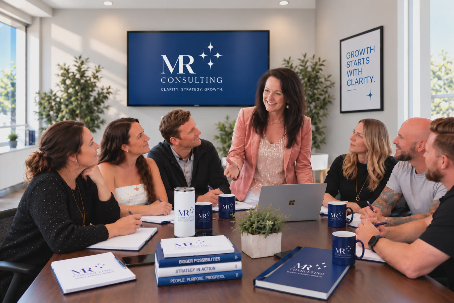 Melinda Rae leading the MR Consulting team in a strategy meeting around a conference table